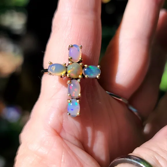 6k Opal sterling rhodium & gold cross ring sz8.5 - Picture 5 of 5